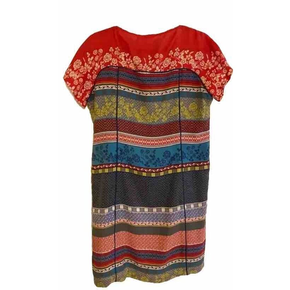 Multicolored Short Sleeve Patterned Silk Tunic Dr… - image 3